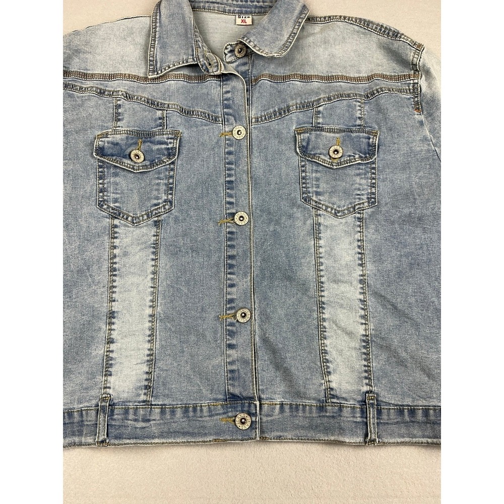 Short Sleeve Denim Jacket Shacket Light Wash Button Up Jean Top Blue Size XL - Picture 3 of 11